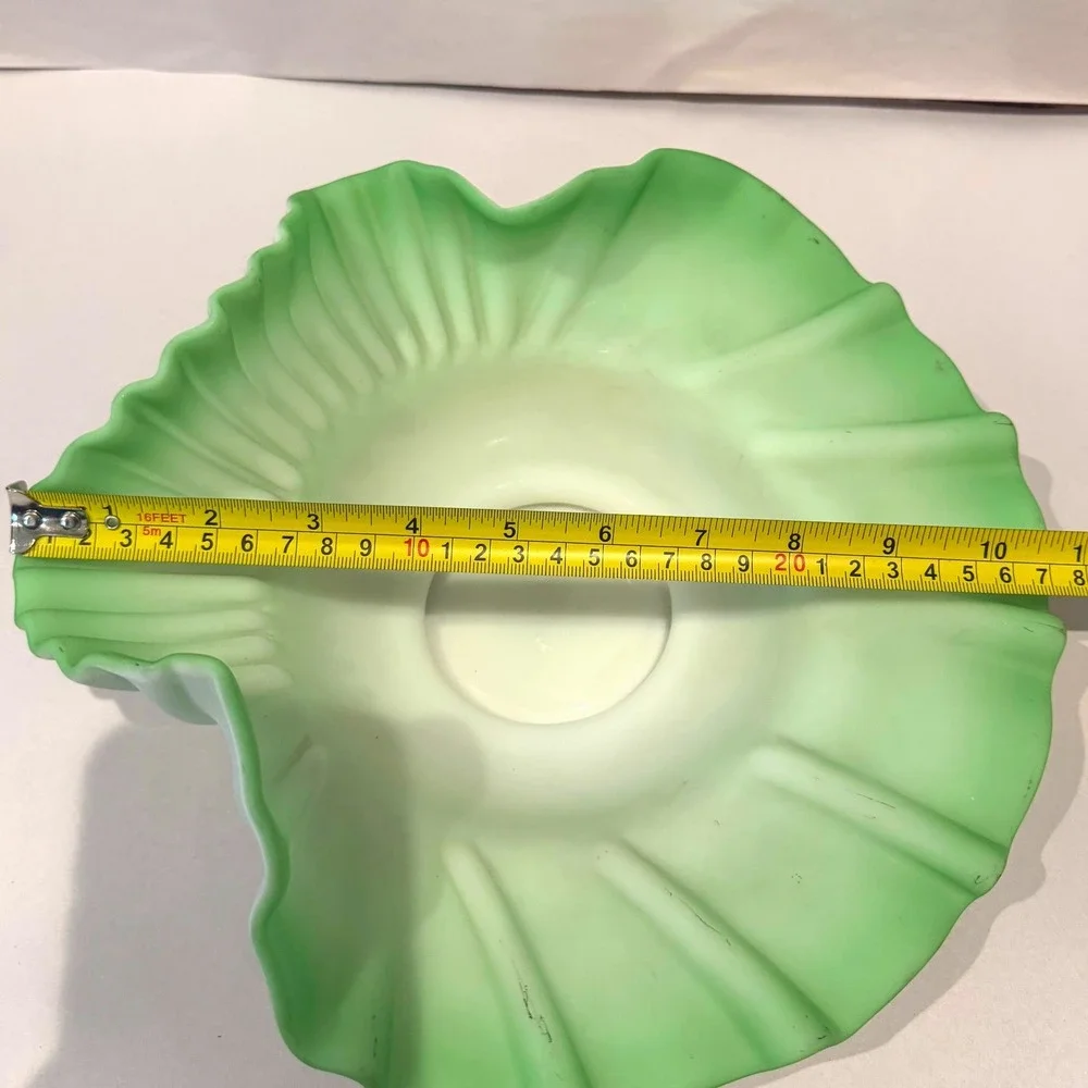 Fenton Green Satin Cased Over White Ruffled Shell Large Bowl Centerpiece 40s-50s